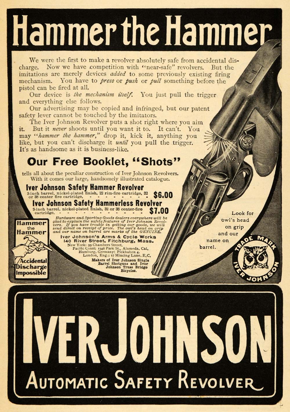 1907 Ad Iver Johnson Arms Cycle Works Revolver Gun Firearms Hammerless 