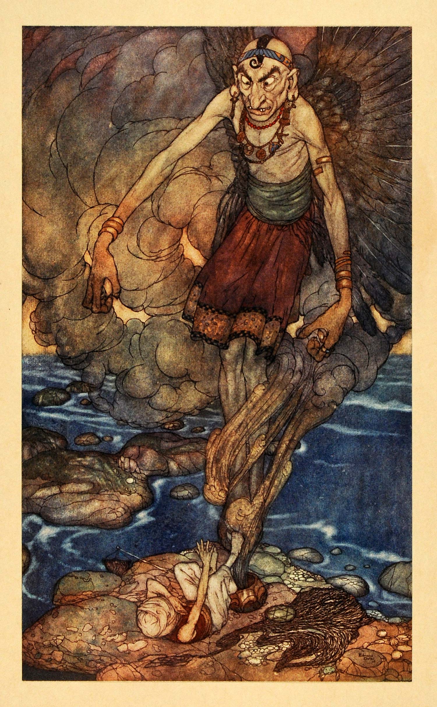 1907 Print Edmund Dulac Genie Fisherman Arabian Nights Persian Folk