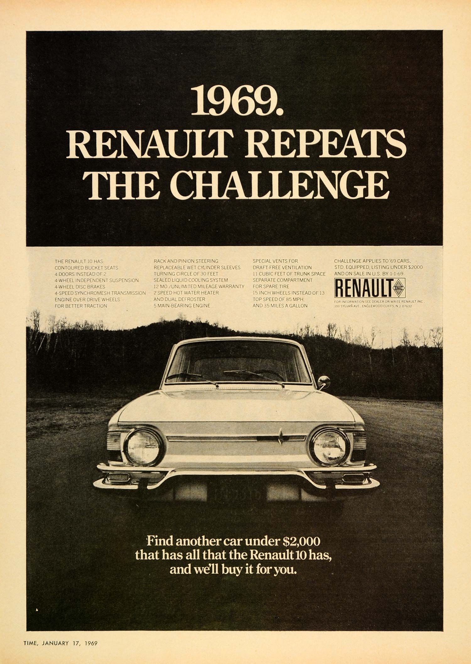 1969 Ad Renault Automobile Vintage Car New Jersey ORIGINAL ADVERTISING