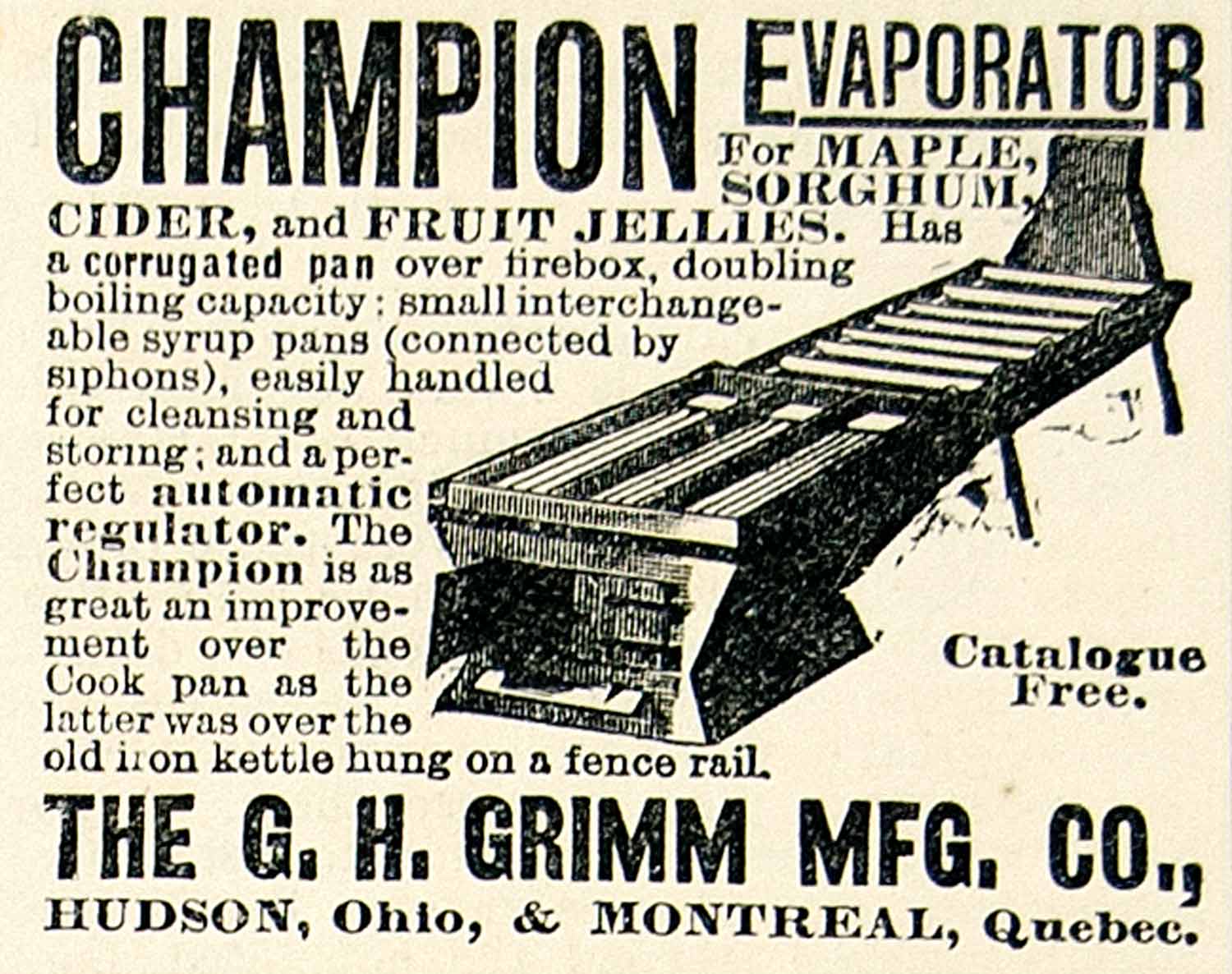 1894 Ad Champion Evaporator Farm Machinery GH Grimm Maple Syrup Cider