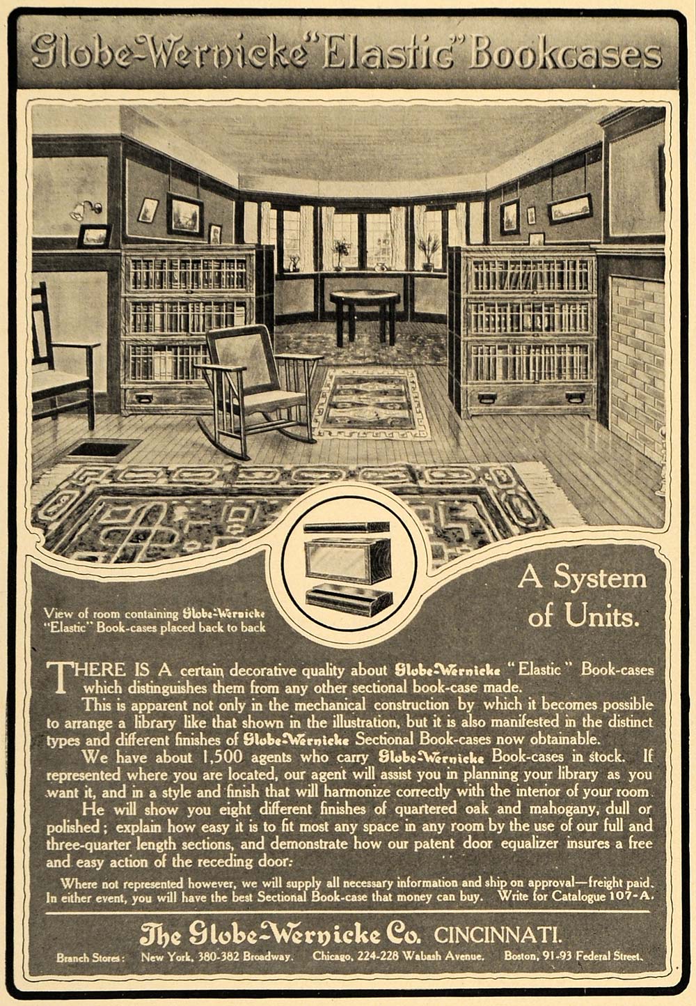 1907 Ad Elastic Bookcase Shelves Globe Wernicke Company ORIGINAL