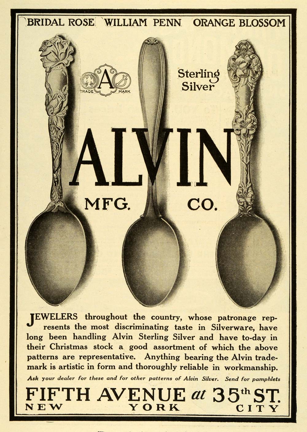 1907 Ad Alvin Sterling Silver Silverware Patterns Bridal Rose William