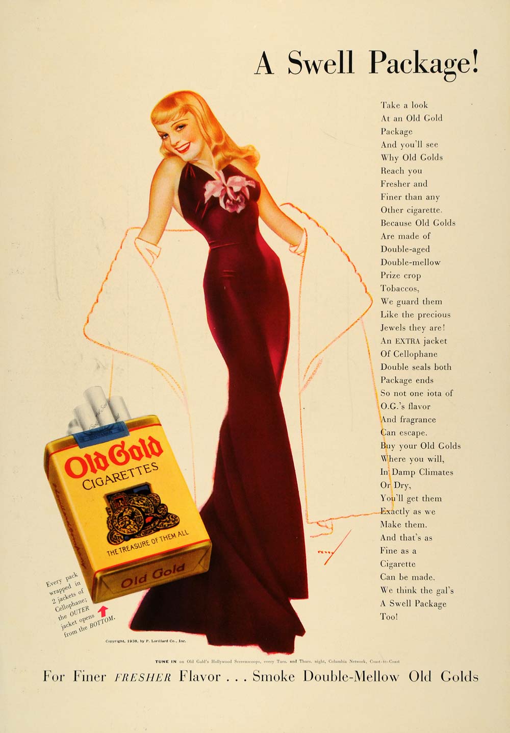 1938 Ad Petty Pinup Girl Cigarettes Old Gold Original