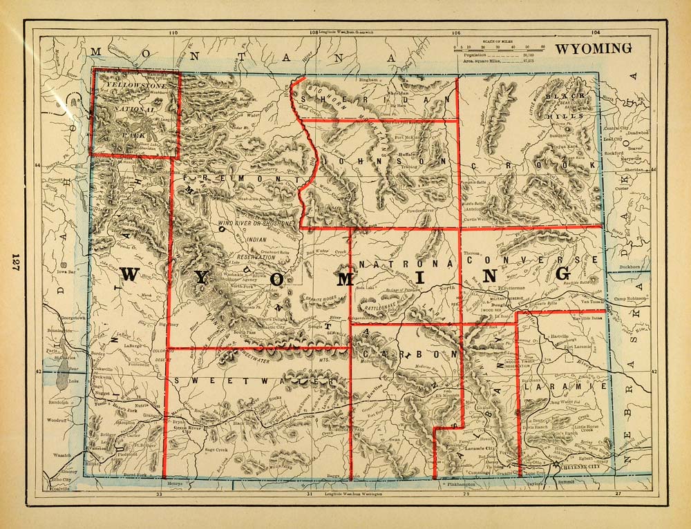 1893 Print Map Wyoming State Counties Yellowstone National Park United