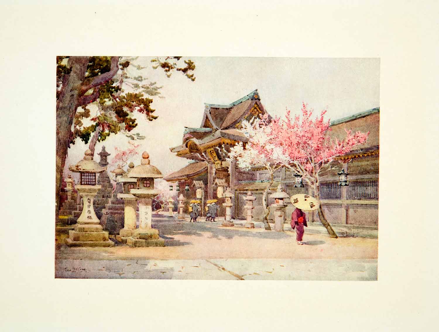 1908 Color Print Japan Kitano Tenjin Ella Du Cane Cityscape Flower