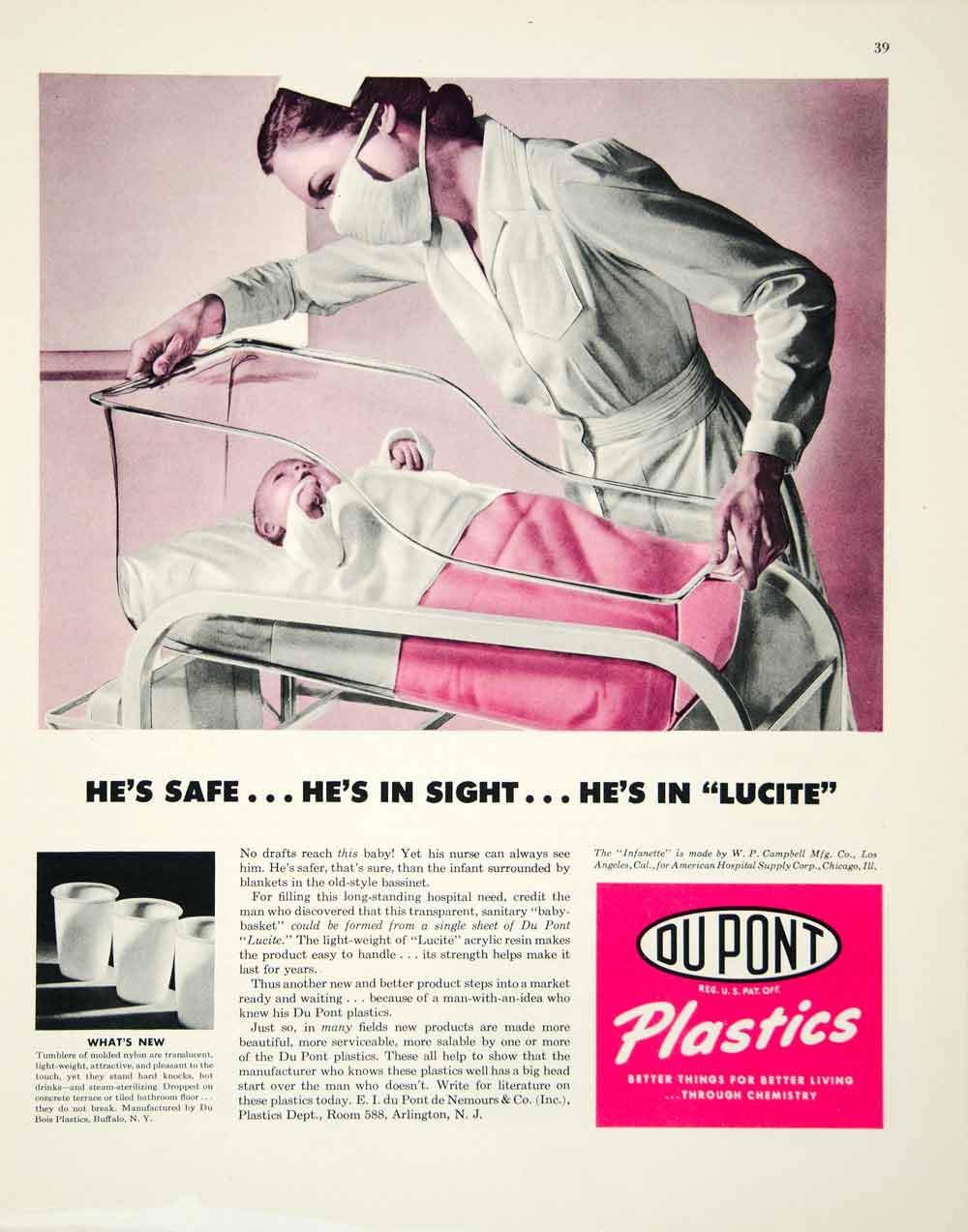1946 Ad Baby Du Pont Plastics Nurse Hospital Medical Lucite Chemistry
