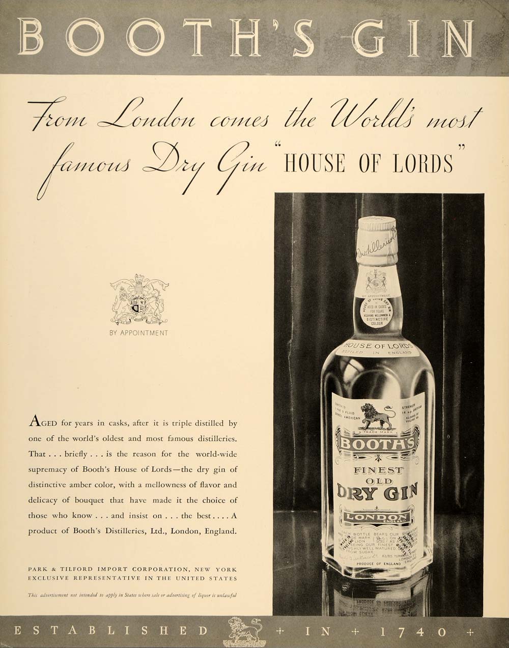 1934 Ad Booth's Dry Gin Antique Liquor Bottles Alcohol ORIGINAL