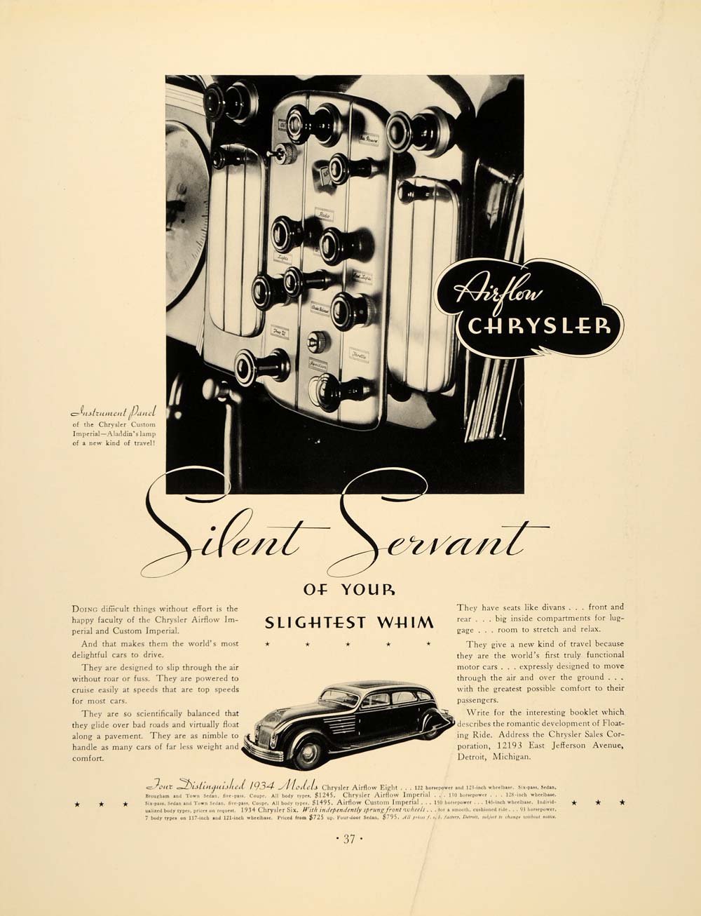 1934 Ad Vintage Chrysler Airflow Automobile Car Detroit