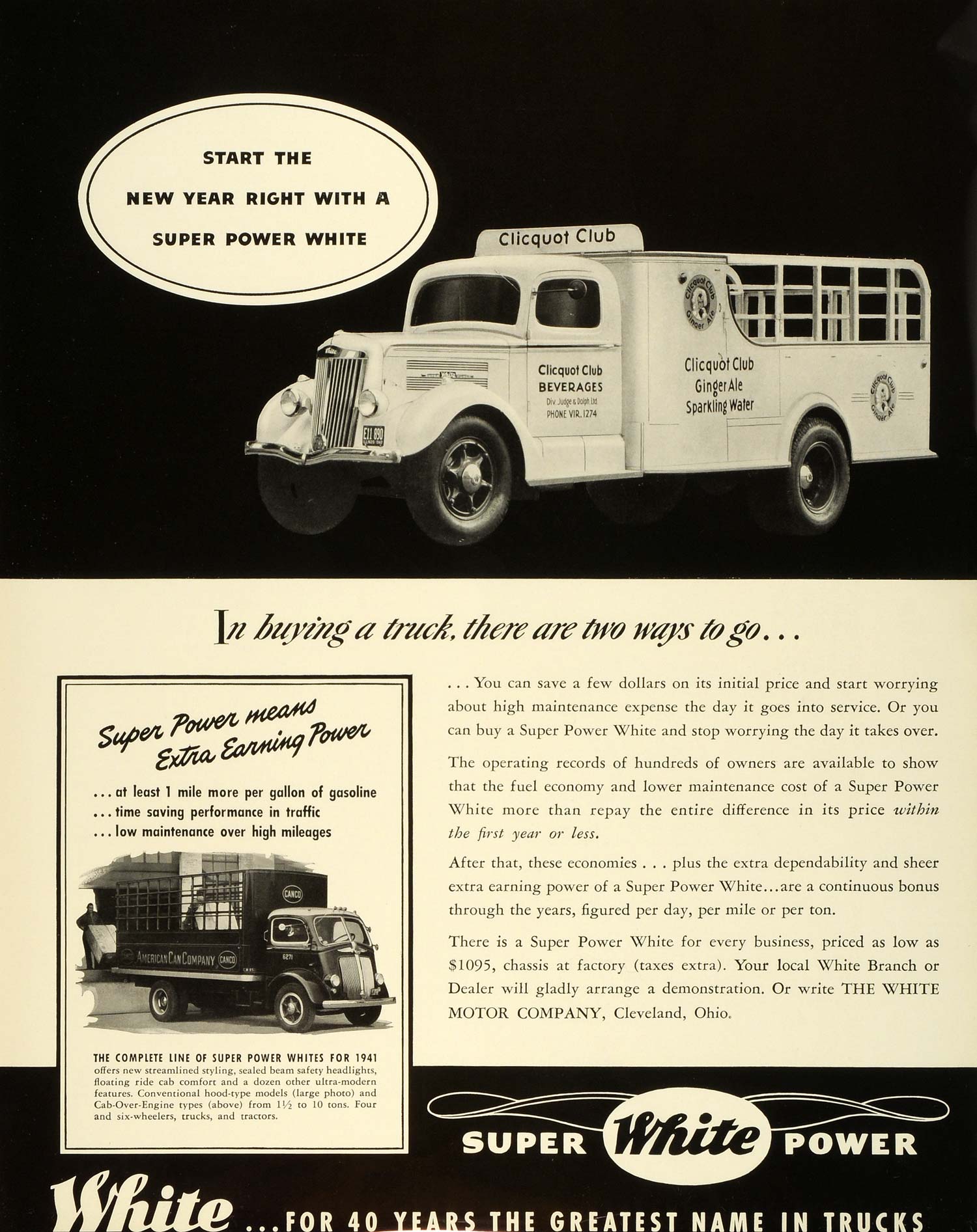 1941 Ad White Motor Co Truck Clicquot Club Beverages Ginger Ale Sparkling Ale