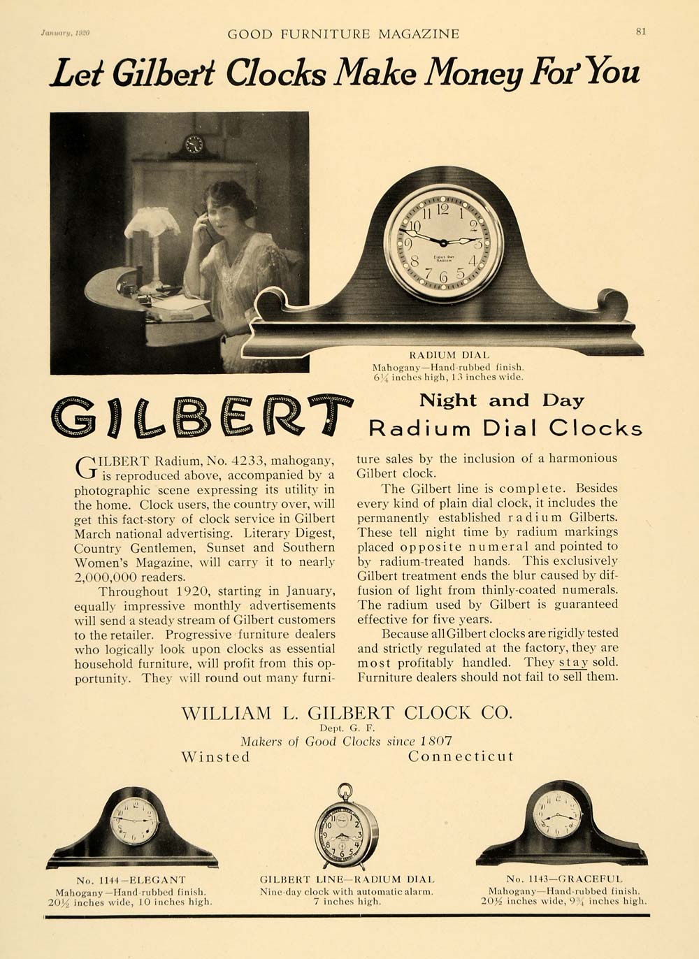 1920 Ad William Gilbert Clocks Radium Dial Winsted Time ORIGINAL