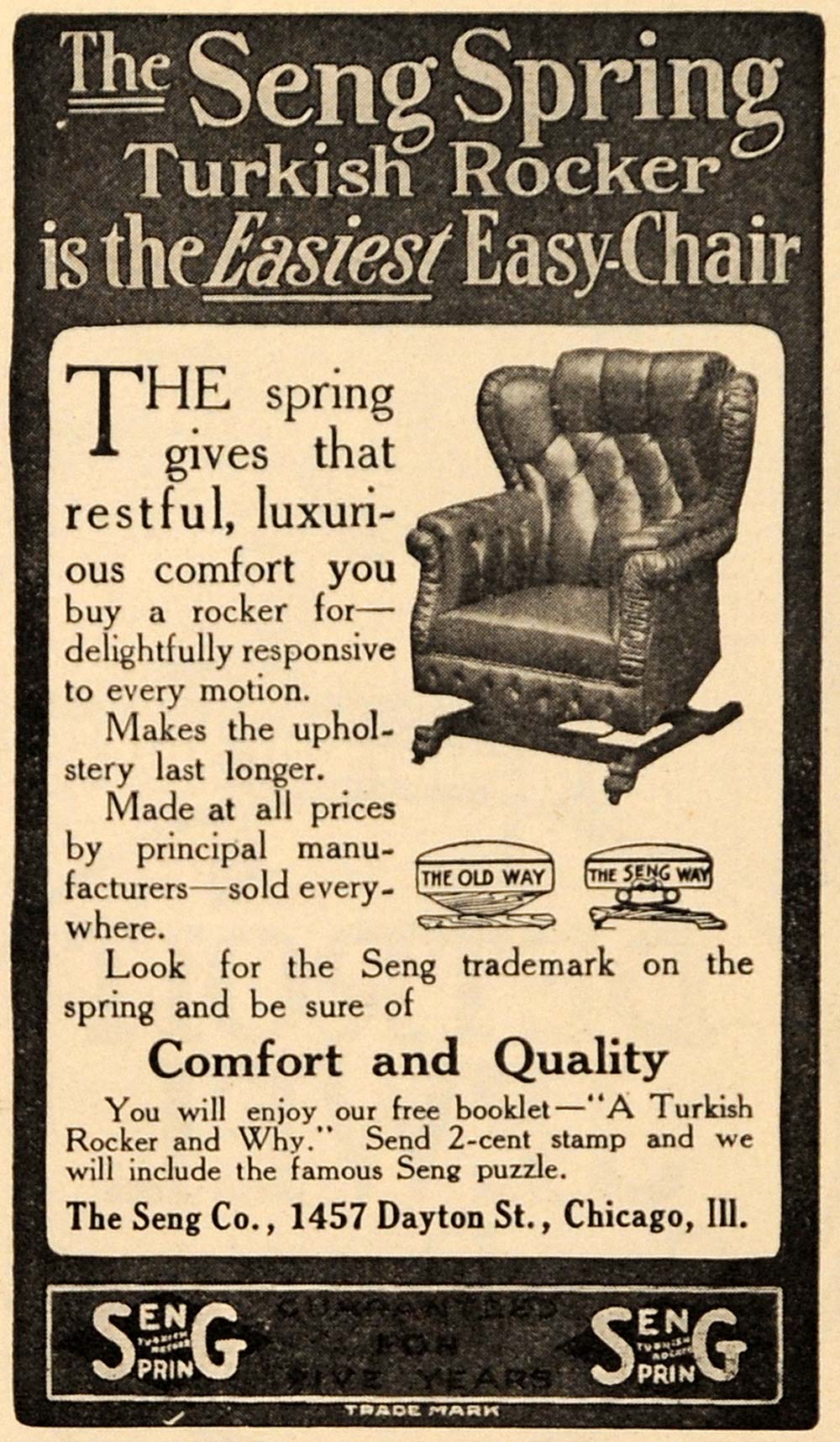 1910 Ad Seng Spring Turkish Rocker Easy Chair Furniture ORIGINAL