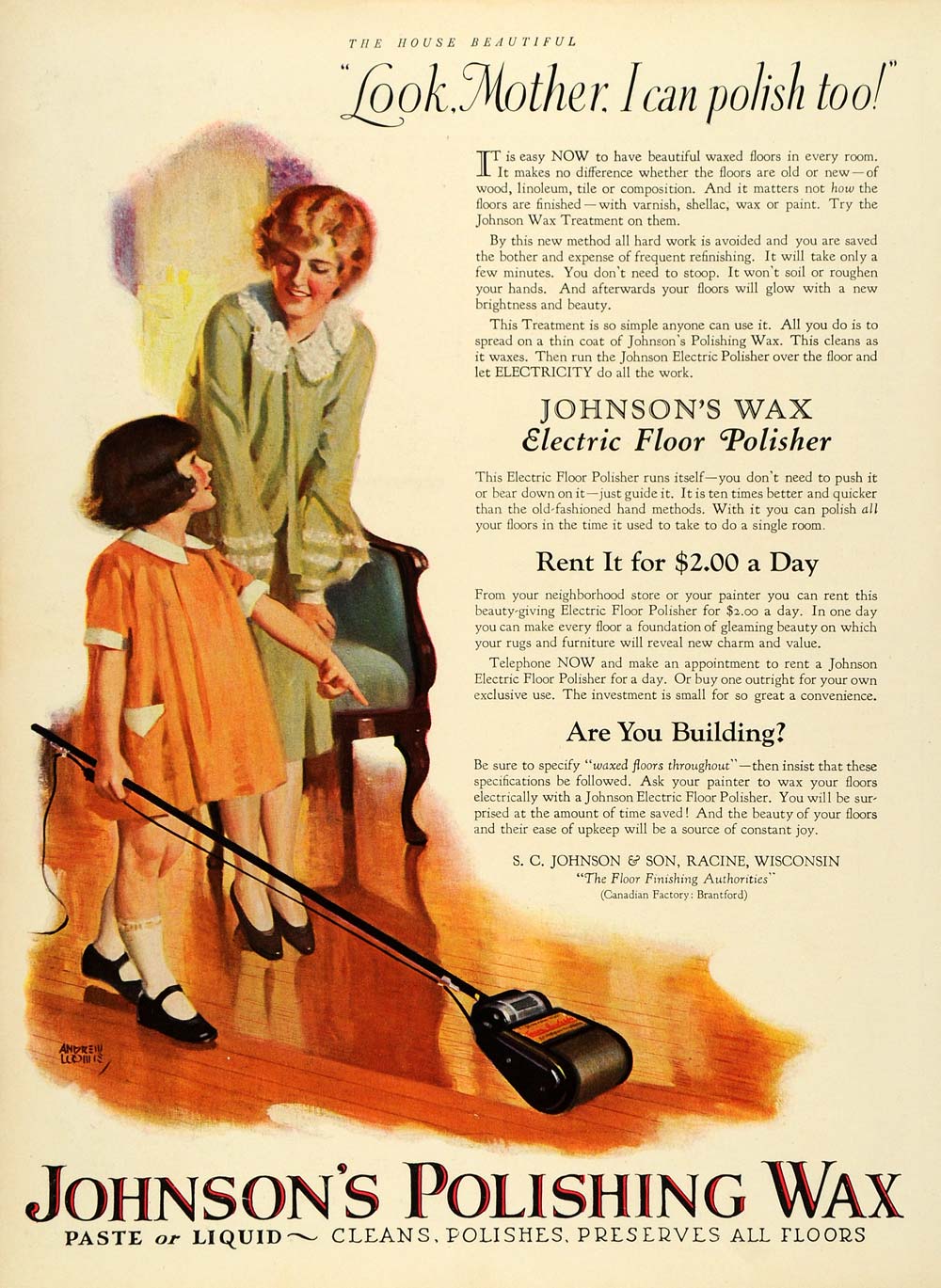 1926 Ad Electric Floor Polisher Mother Child Johnsons Polishing Wax w