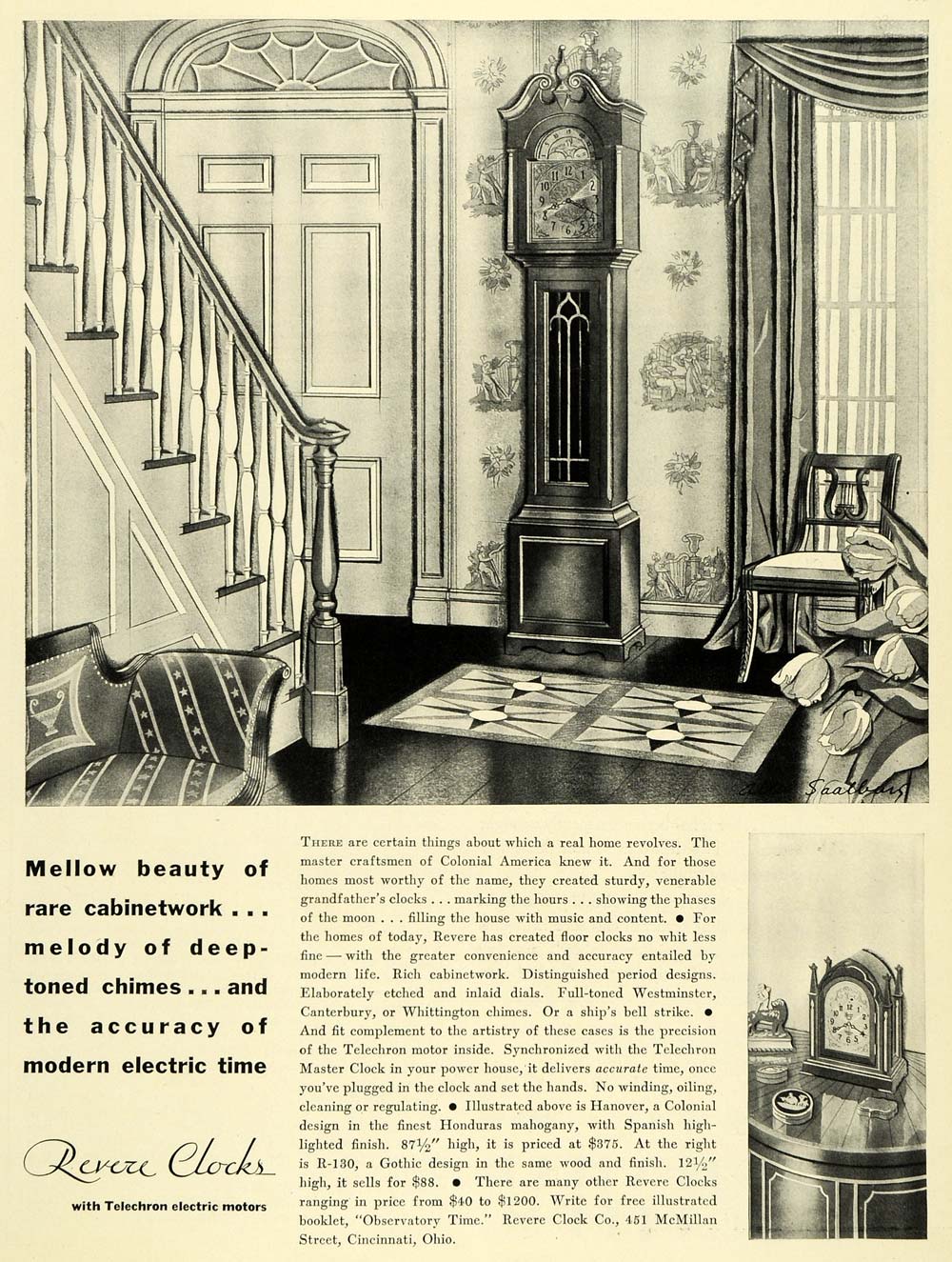 1930 Ad Revere Grandfather Clock Home Decorations Woodwork Allen