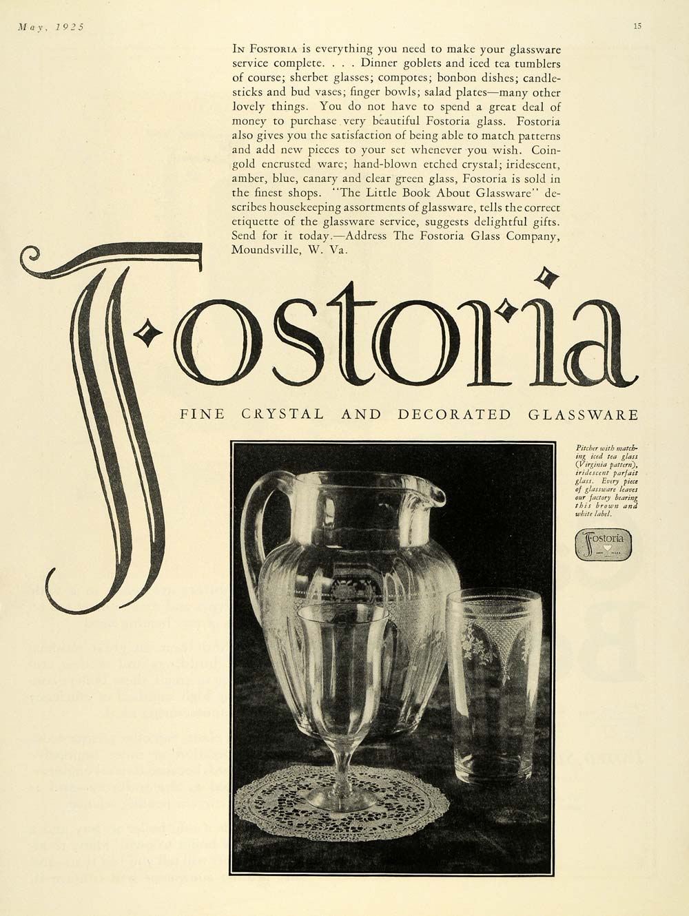 1925 Ad Fostoria Glassware Crystal Virginia Pattern ORIGINAL ADVERTISING