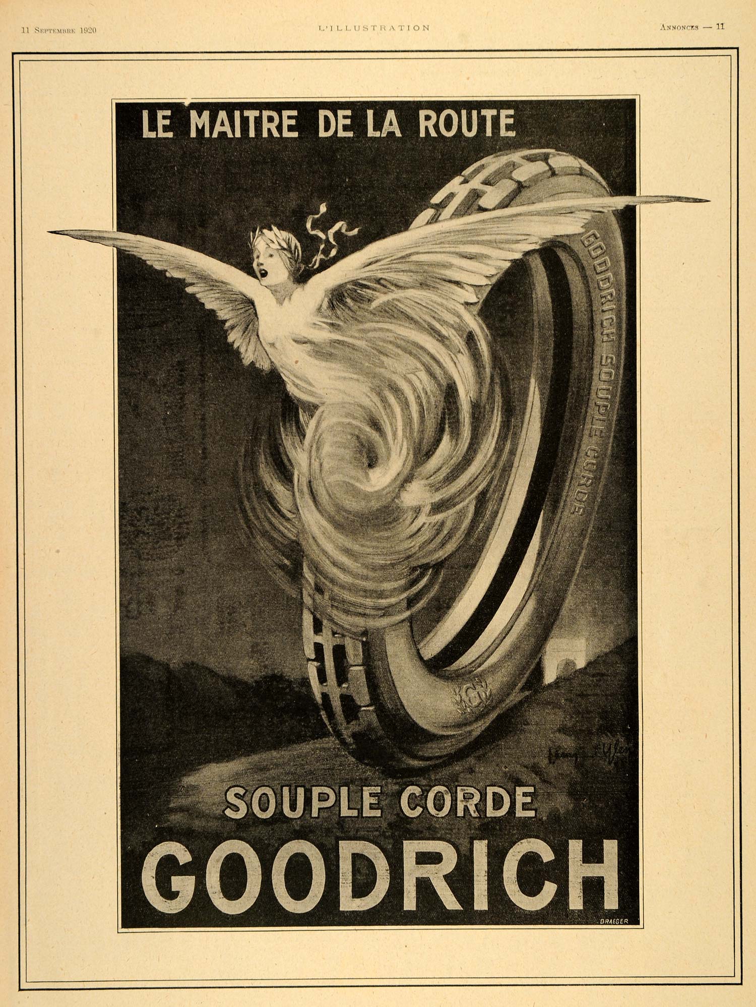 1920 Ad French Goodrich Tire Master Road Angel Art Deco   ORIGINAL