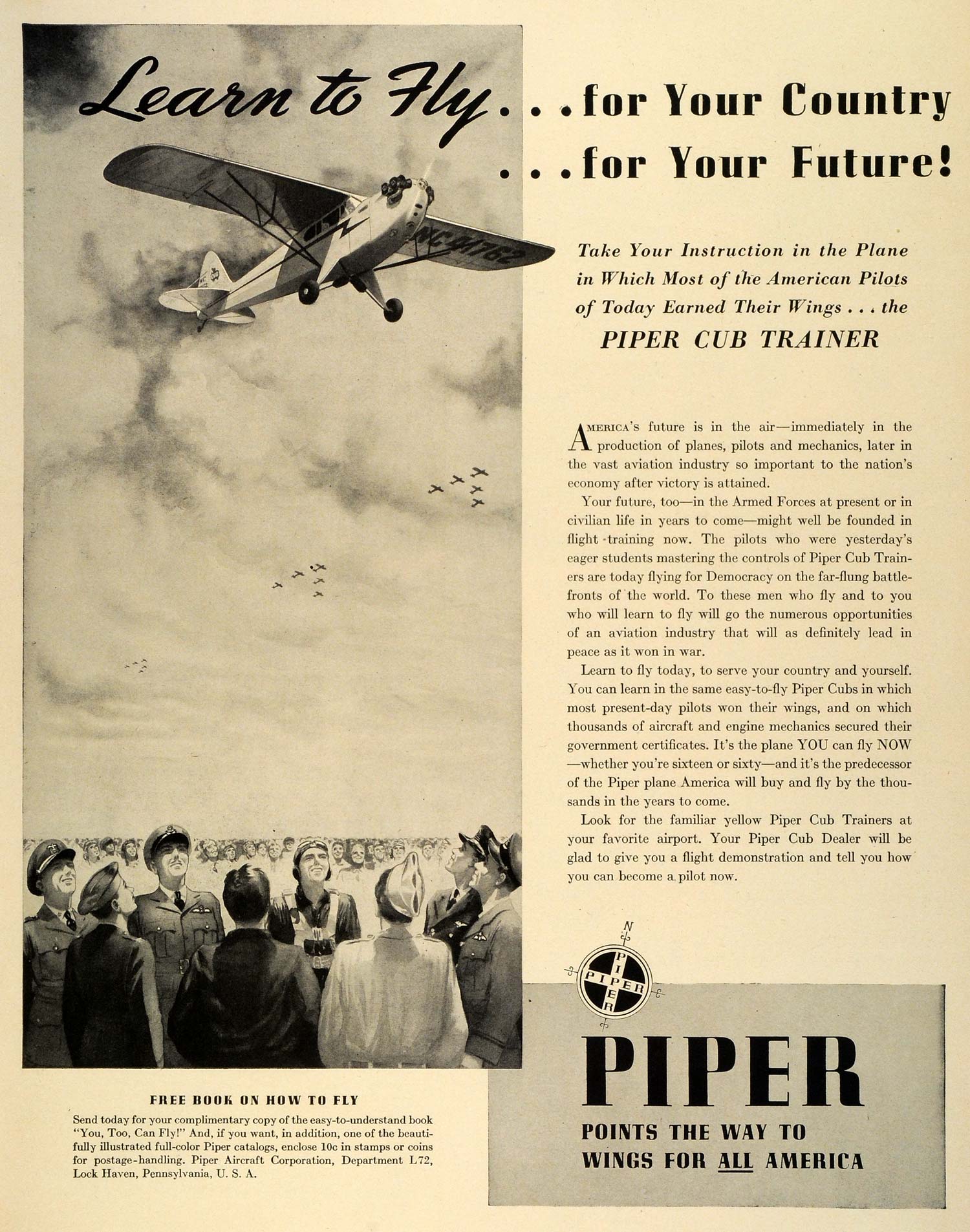 1942 Ad Piper Cub Trainer Aircraft Lock Haven World War II Wings Pilot