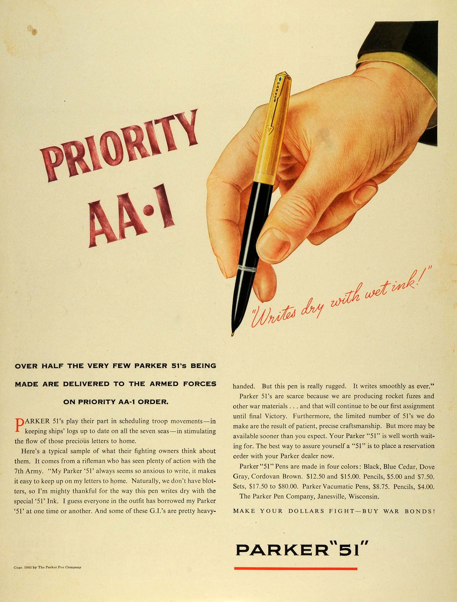 1945 Ad Parker Pen Co 51 Ballpoint Clip Pens Ink Writing Instrument