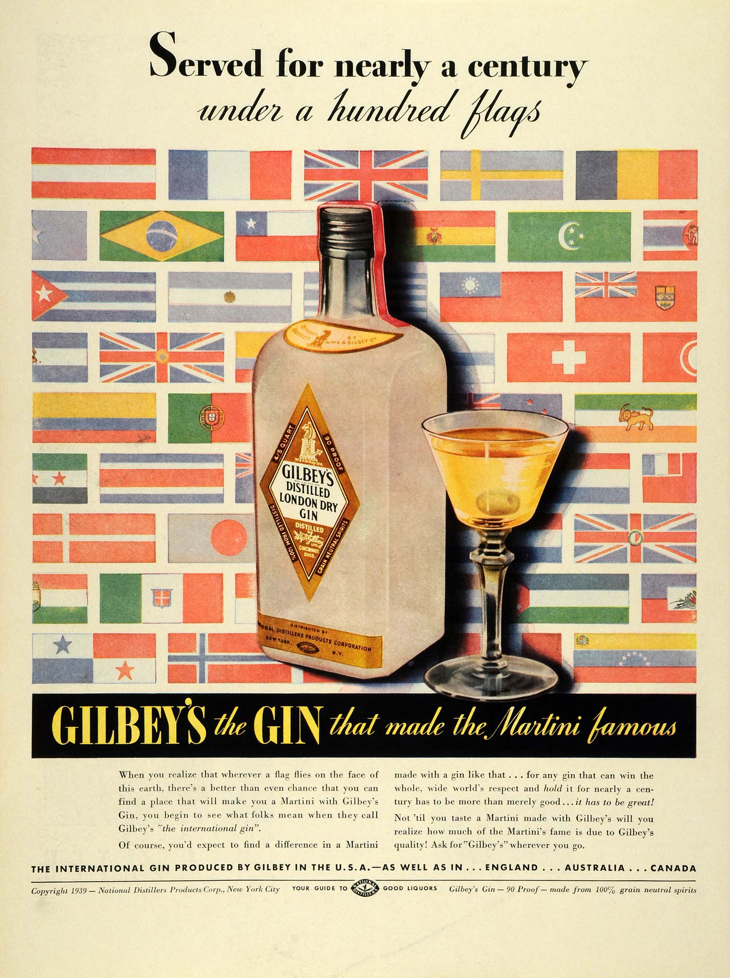 1939 Ad Gilbeys London Dry Gin Bottle Martini Country Flags National