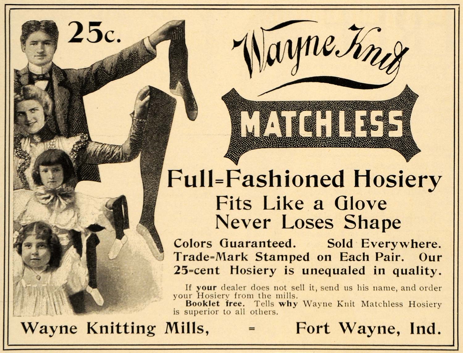 1899 Ad Wayne Knitting MIlls Matchless Hosiery Socks ORIGINAL