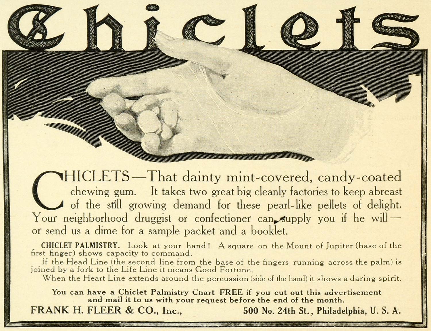 1907 Ad Frank H. Fleer Mint Coated Candy Chiclet Chewing Gum Hand Palm