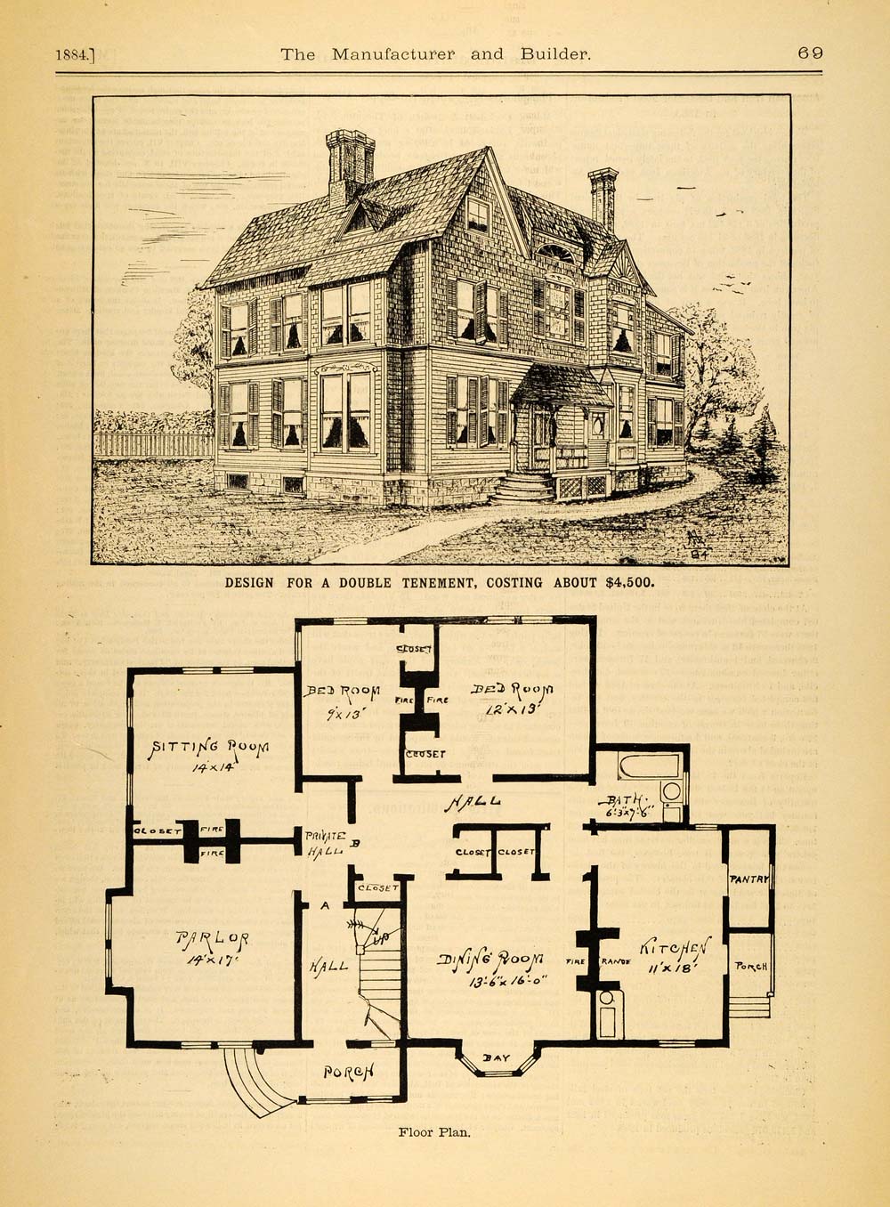 1884 Print Augustus Howe Victorian Architecture Apartment
