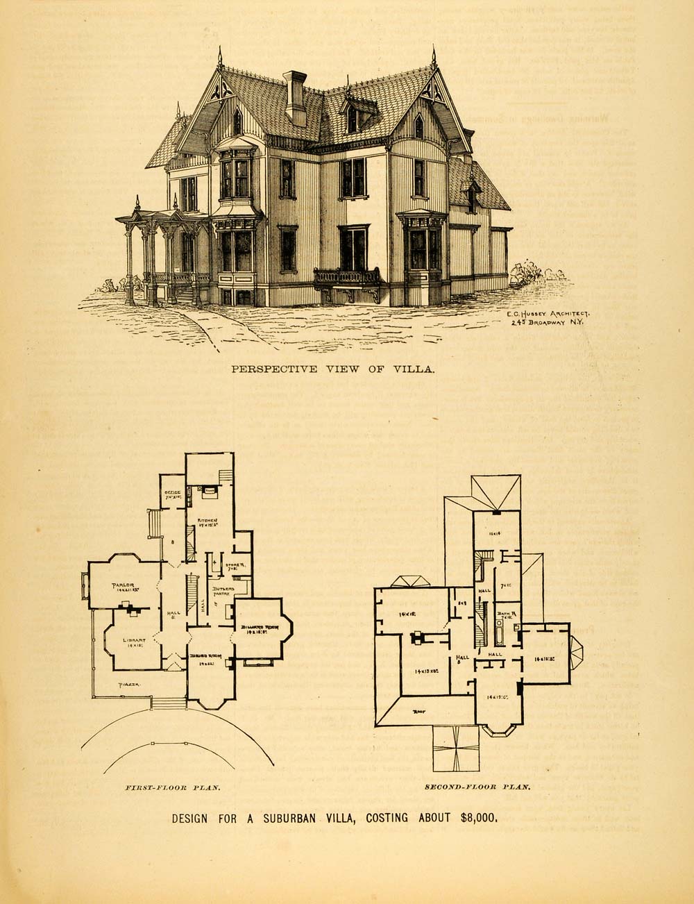 1878 Print Victorian Villa House Architectural Design Floor Plans E. C