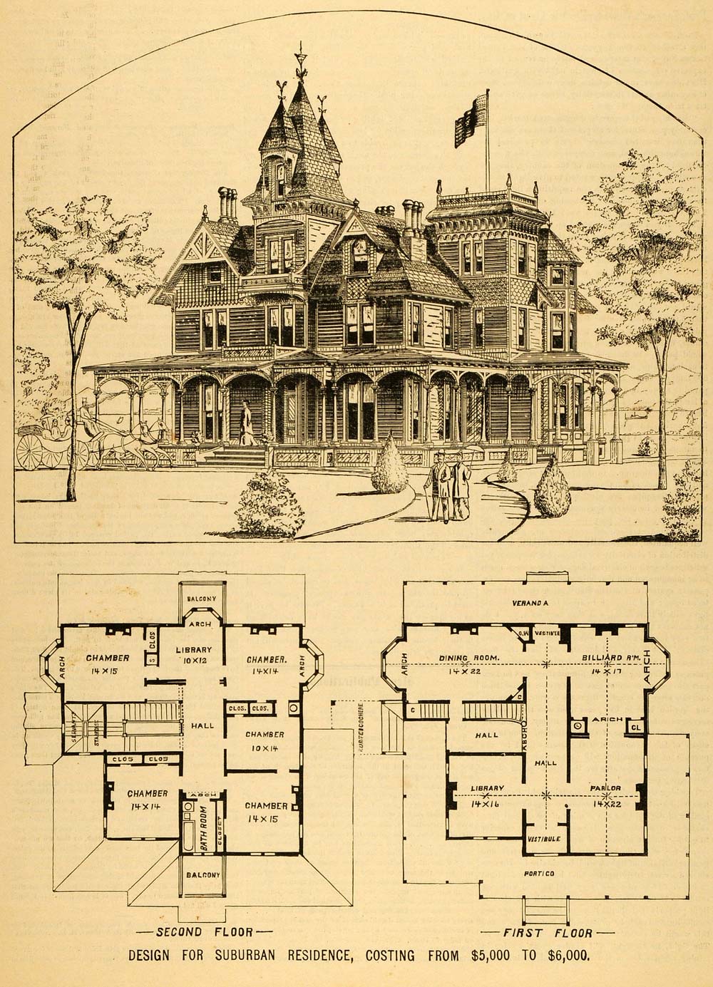 1879 Print Victorian House Architectural Design Floor Plans Horace G 