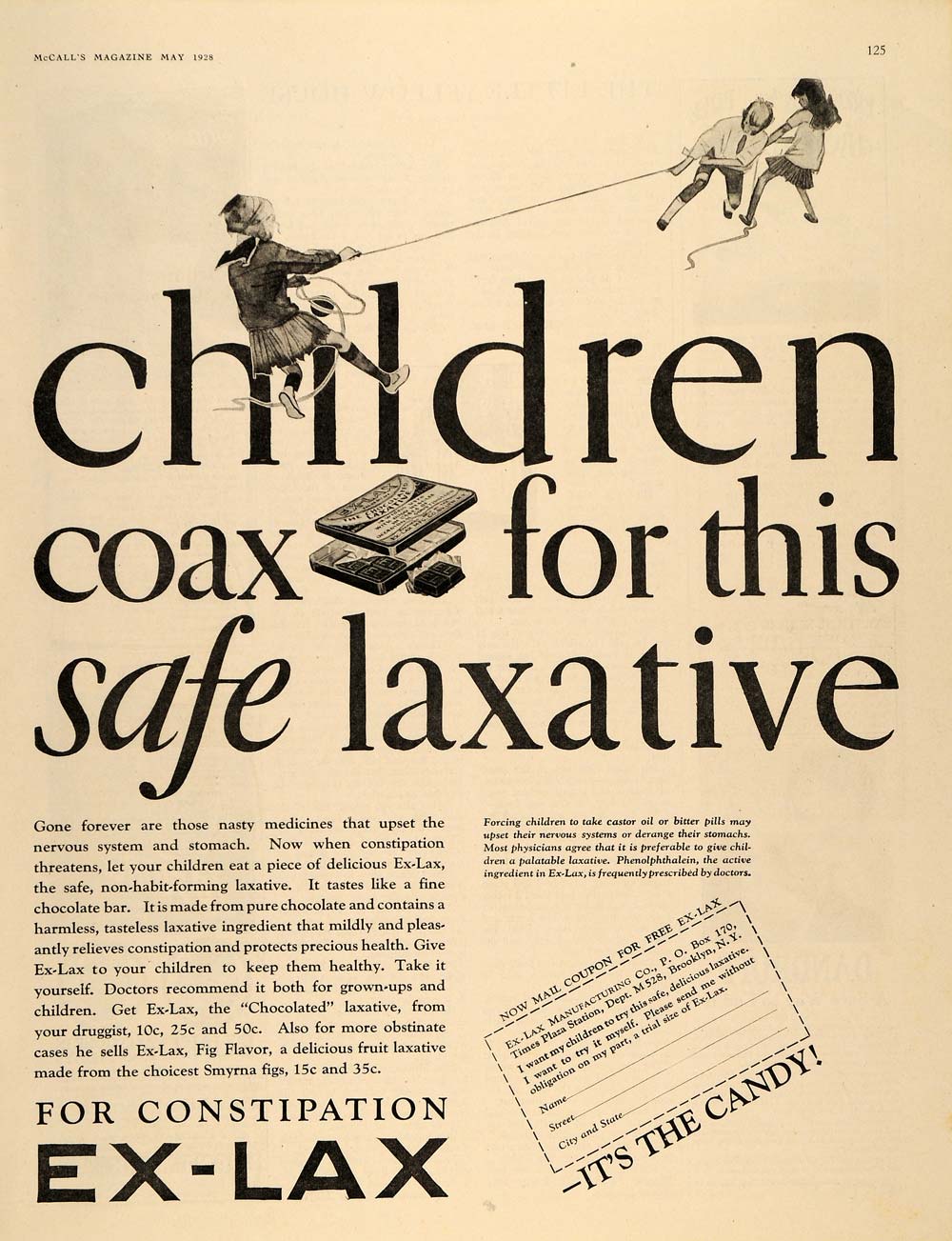 1928 Ad ExLax Mfg. Children Laxative Chocolate Bar ORIGINAL ADVERTISING