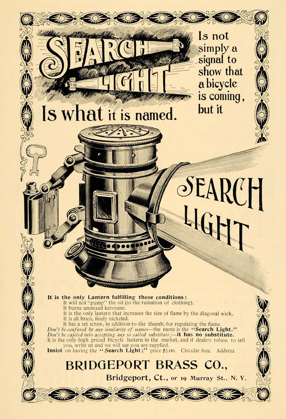   ad search light bridgeport brass company bicycle original advertising