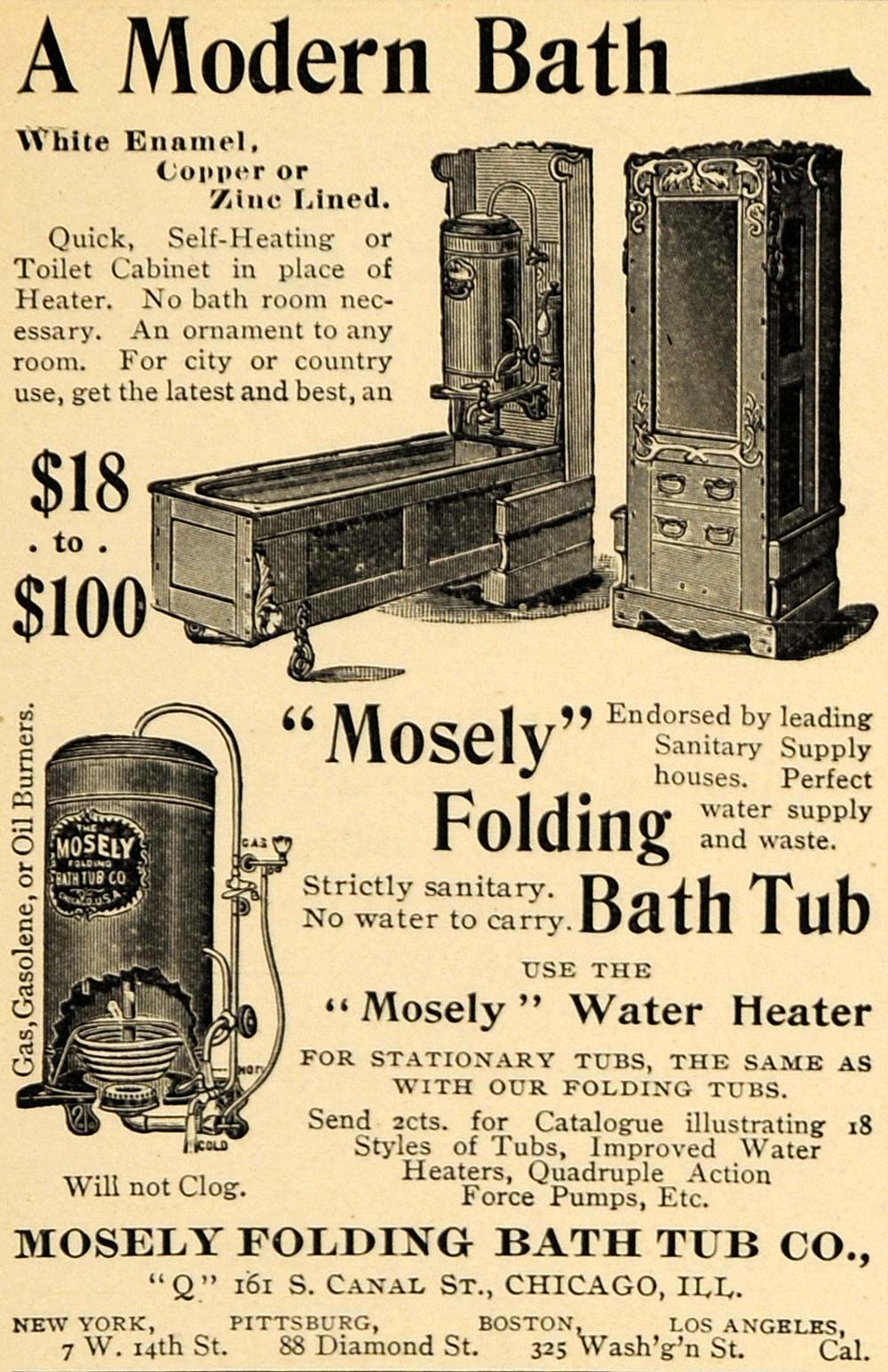 1895 Ad Mosely Folding Bath Tub Company Water Heater ORIGINAL