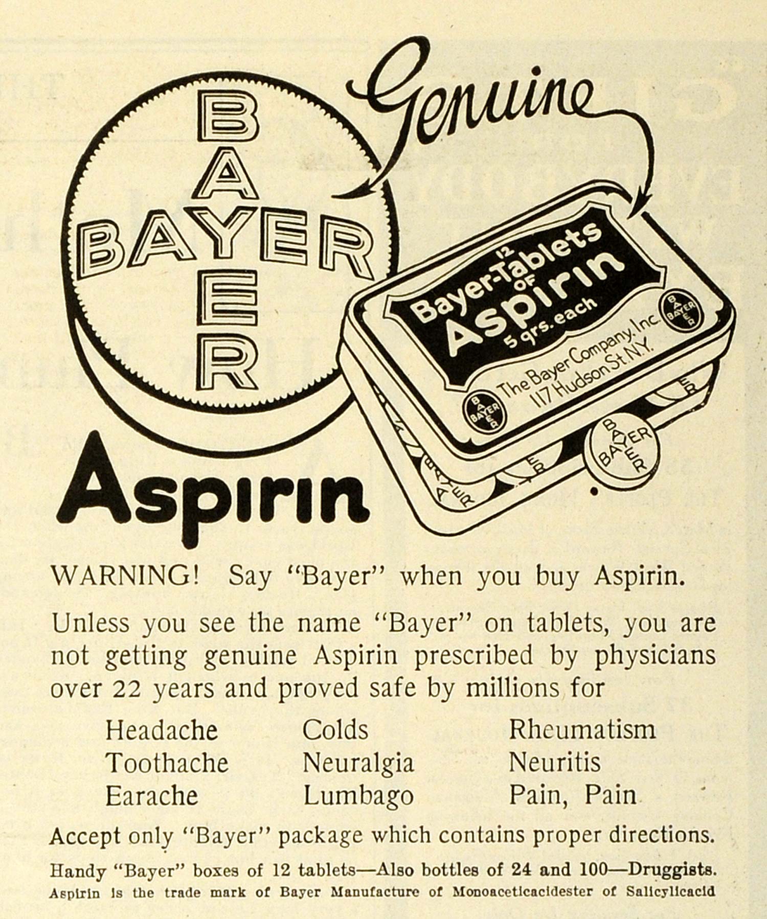 1922 Ad Bayer Aspirin Tablets Pills Pharmaceutical Pain Remedy Reliever