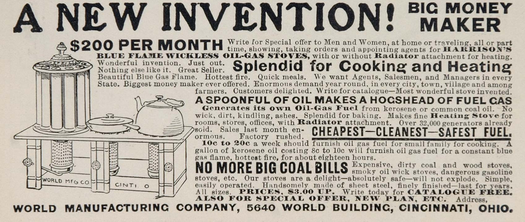 1903 Ad Harrison Blue Flame Wickless Oil Gas Stove Original 