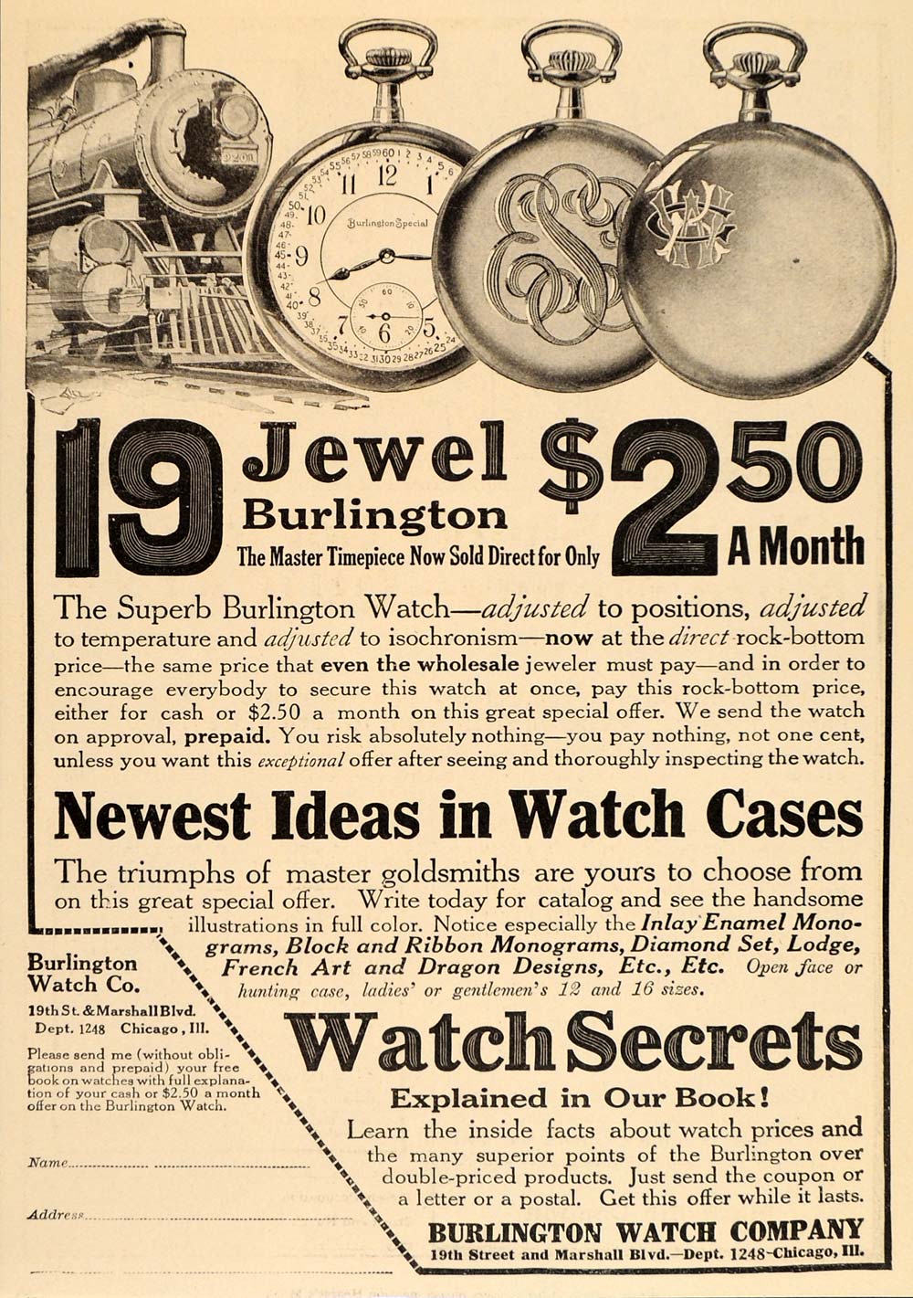 1914 Vintage Ad Antique Burlington Pocket Watch Case ORIGINAL