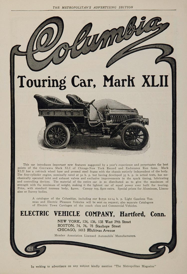1904 Ad Vintage Electric Columbia Touring Car Mark XLII   ORIGINAL