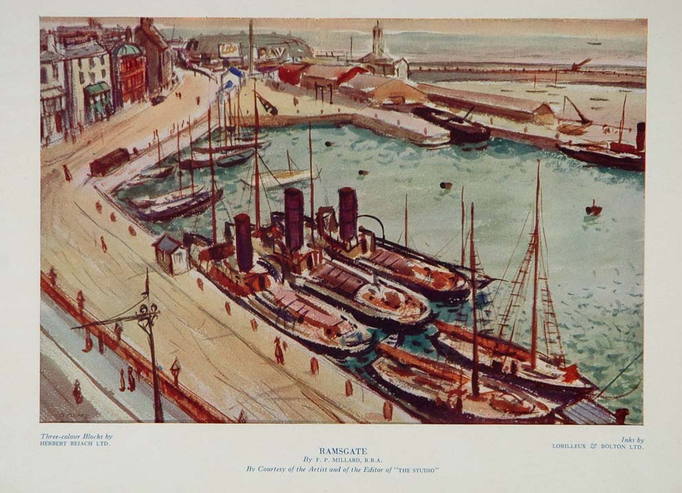 1935 Ramsgate Harbor Marina Boats Millard Color Print Original