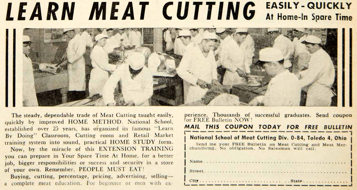1949 Ad National School of Meat Cutting Advertisement Toledo Ohio