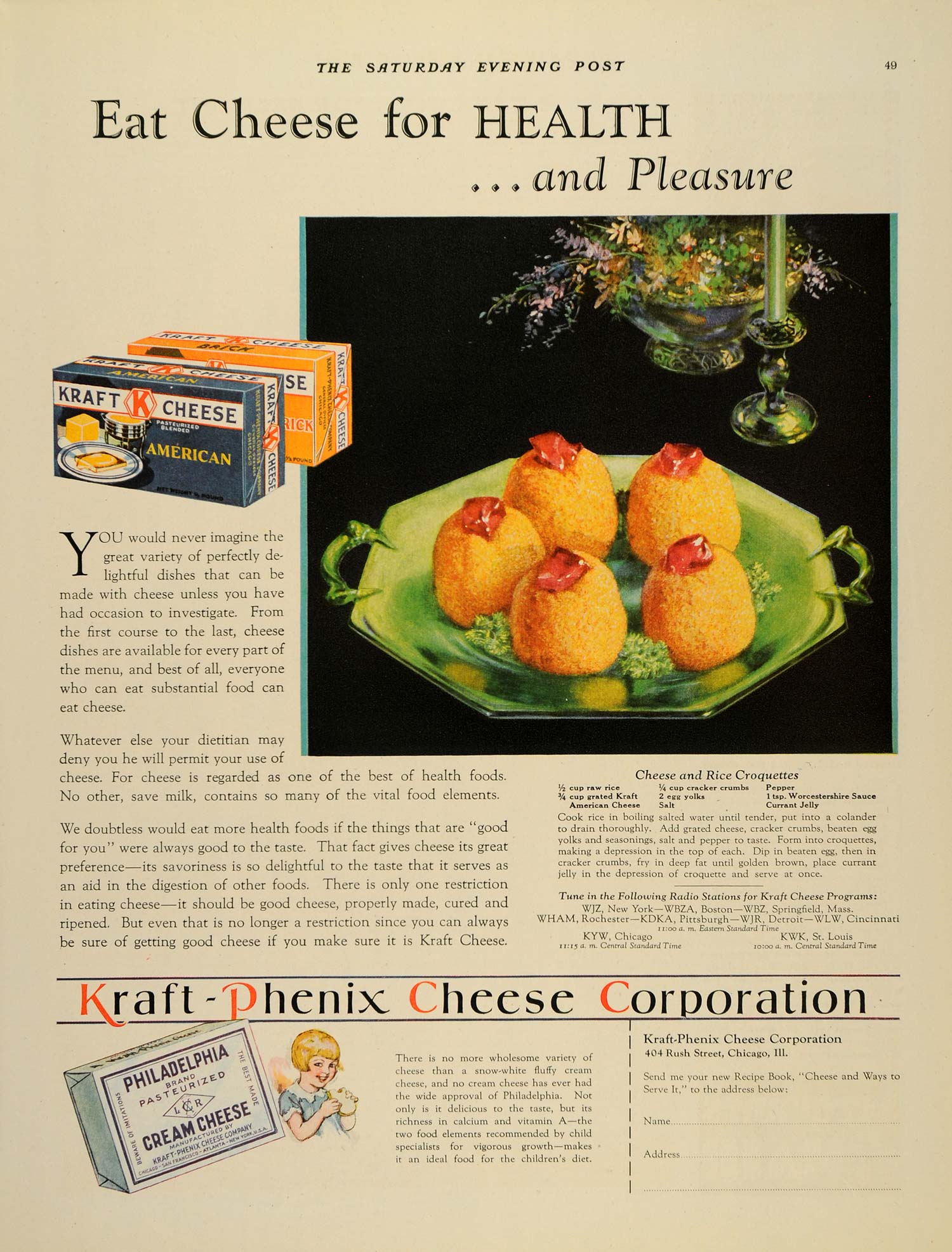 1929 Ad Kraft Phenix Philadelphia Cream Cheese Recipe ORIGINAL