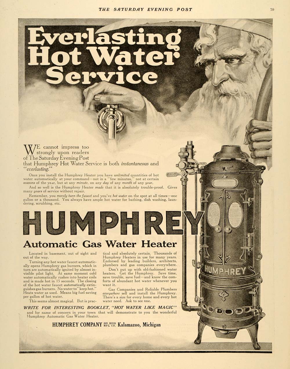 1917 Ad Humphrey Automatic Gas Water Heater Father Time eBay