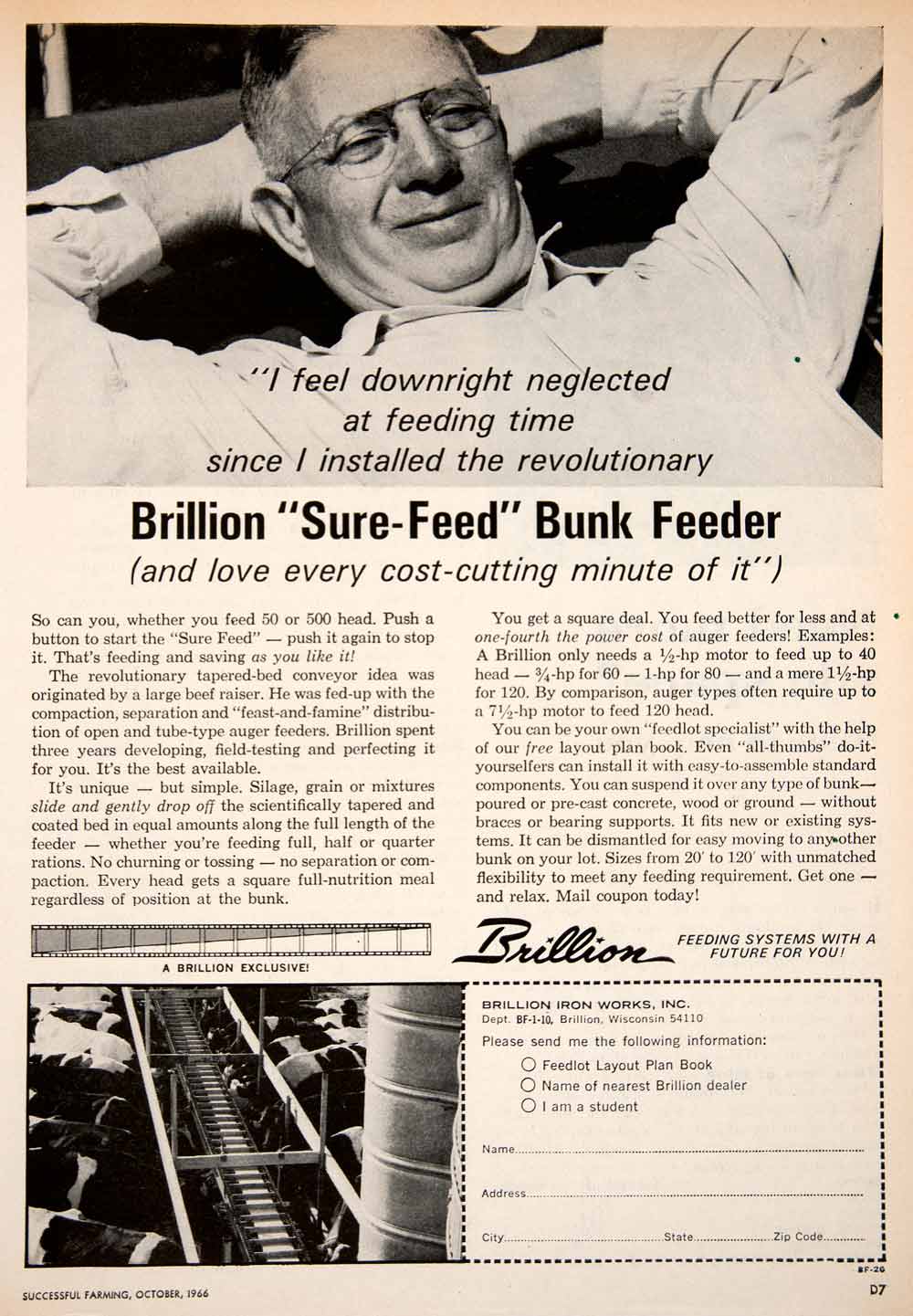 1966 Ad Brillion Iron Works Wisconsin Bunk Feeder Sure Feed