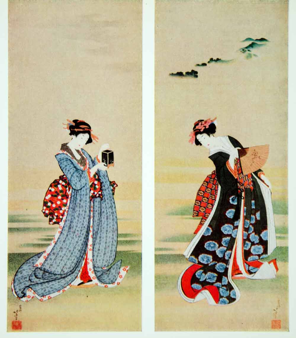 1962 Color Print Hokusai Diptych Two Japanese Beauties Women Costume