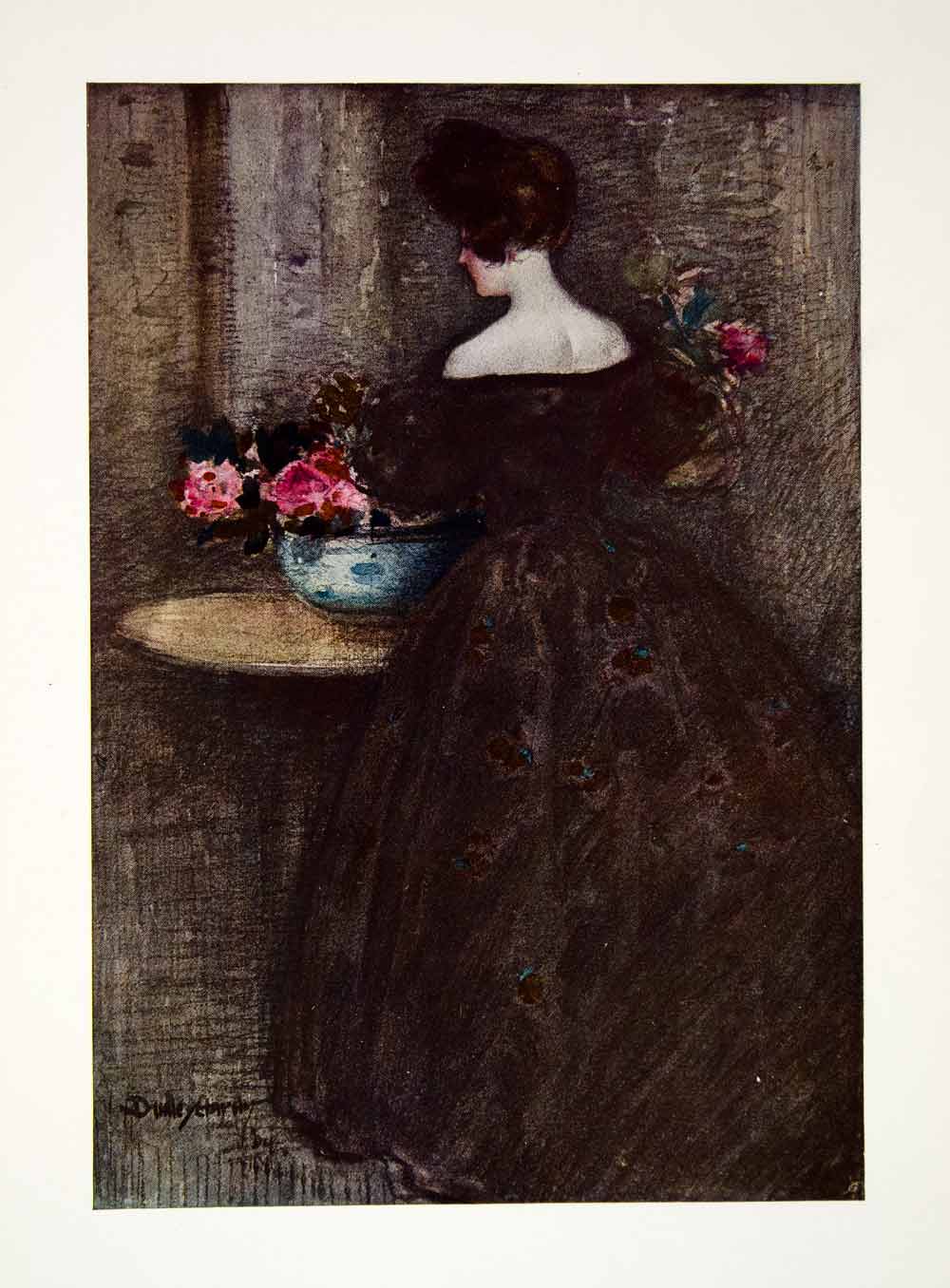 1906 Color Print Dudley Hardey Art Peonies Flowers Woman Dress Floral