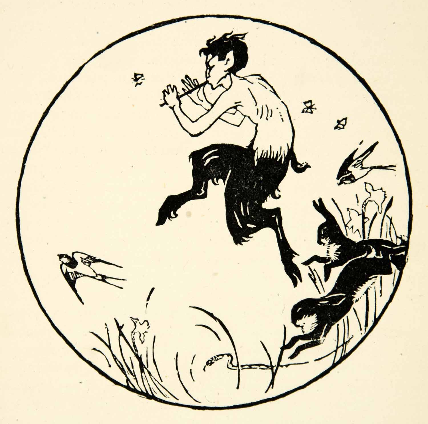 1927 Print Pan Faun Satyr Centaur Flute Mythology Bird Animal Musical