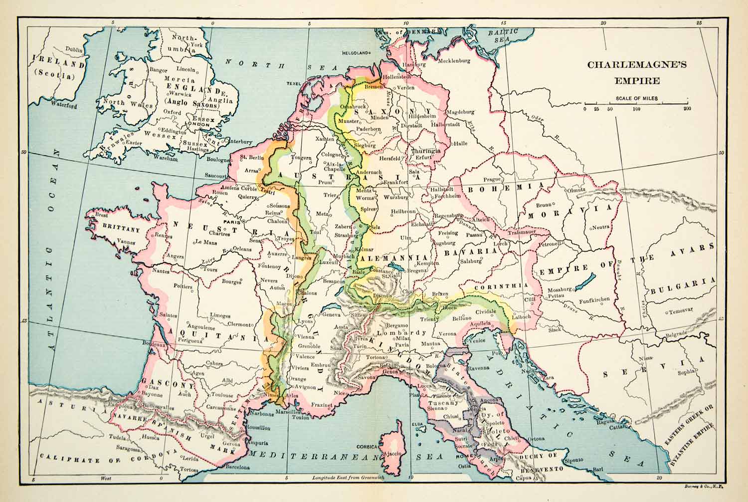 1906 Print Map Charlemagne Empire England Ireland Neustria Burgundy