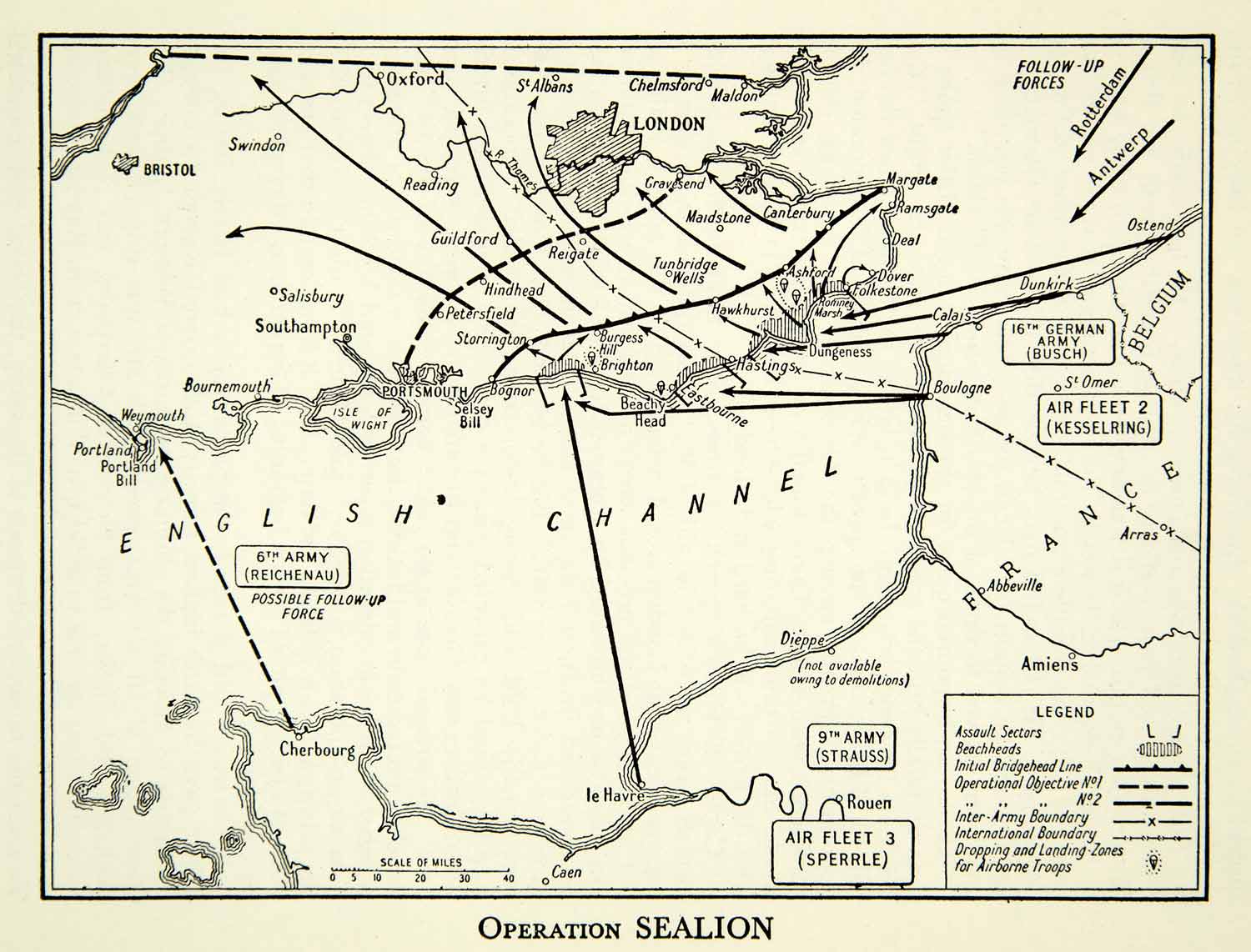 1952 Lithograph Map Plan World War II Operation Sea Lion German