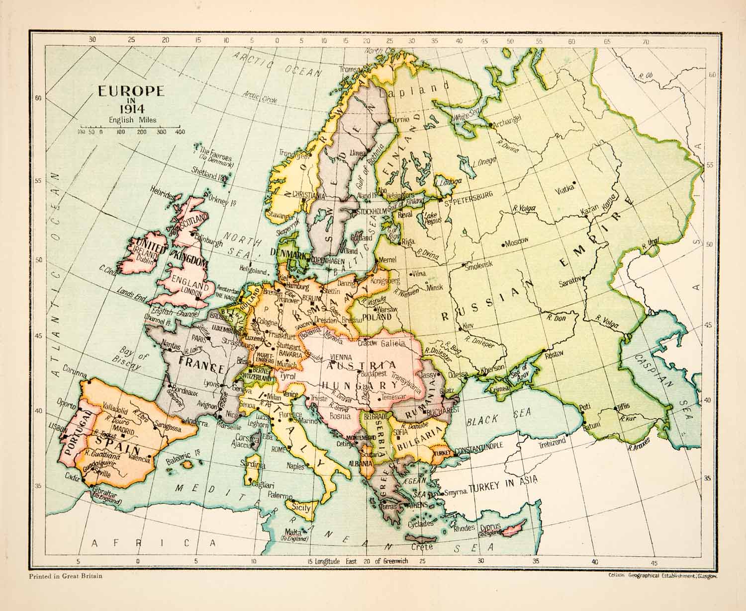 ithograph Europe 1914 Russian Empire Spain 