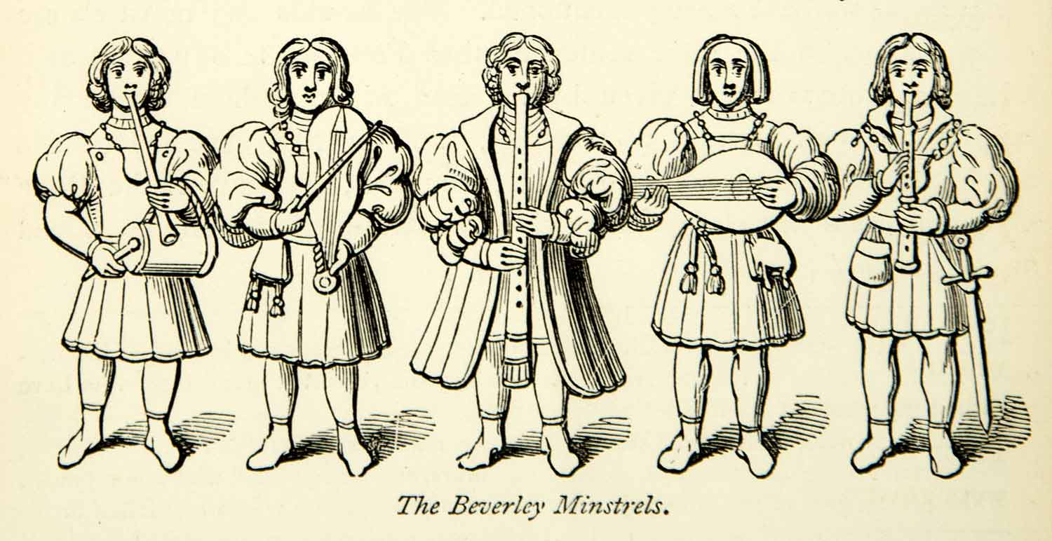 1872 Wood Engraving Medieval Beverly Minstrels Music Instruments Lute