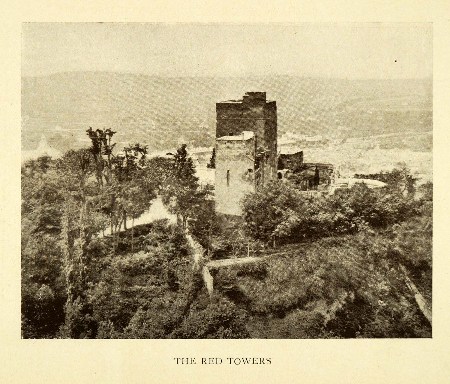 1907 Print RED Towers Granada Spain Histori