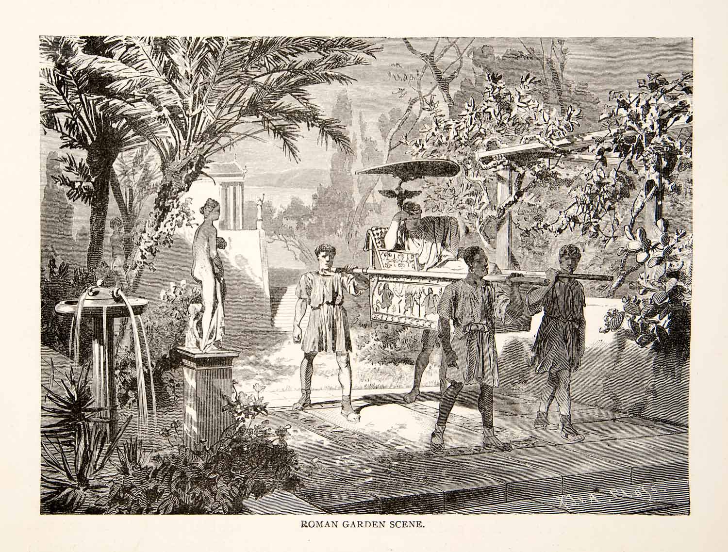 1886 Wood Engraving Ancient Roman Garden Litter Palanquin Sedan Servant Statue eBay