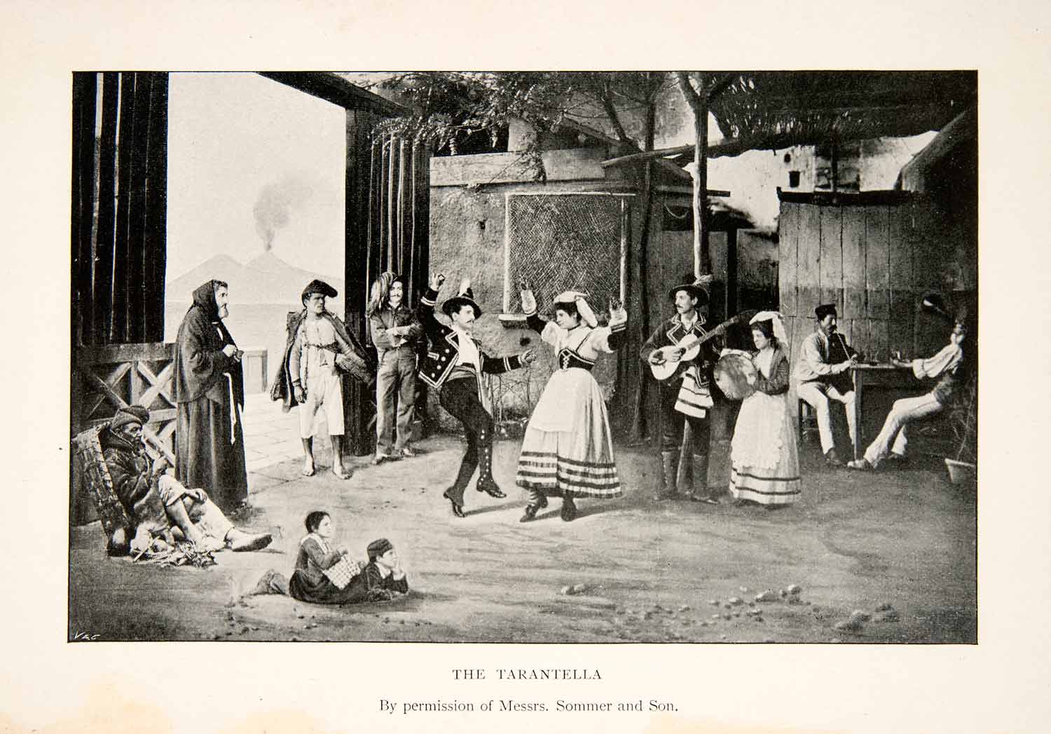 1897 Print Italy Tarantella Dance Costume Children Guitar Tambourine