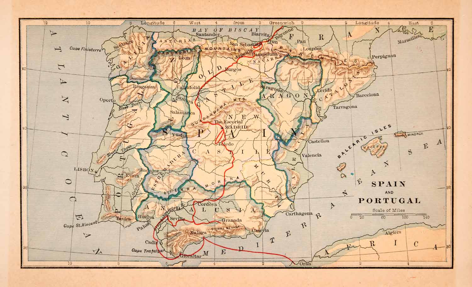 1896 Lithograph Antique Map Spain Portugal M